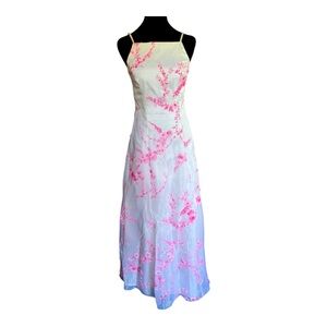 VTG 90s USA Organza Formal A line Dress in White with pink flower print‎ SZ 3/4